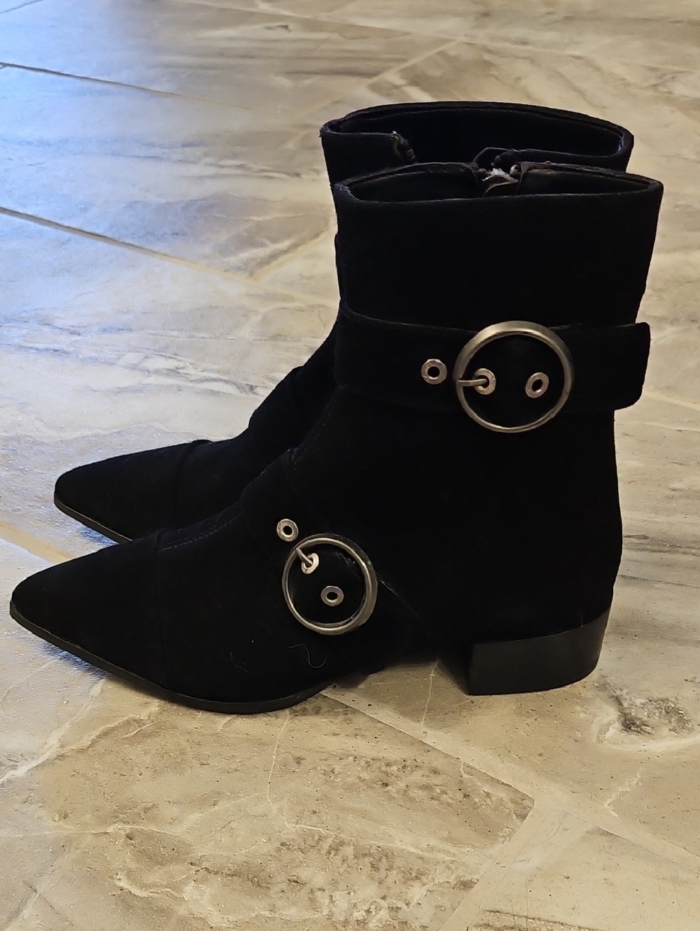 Zara Black Suede Pointed Ankle Booties with Round Metal Strap Accents